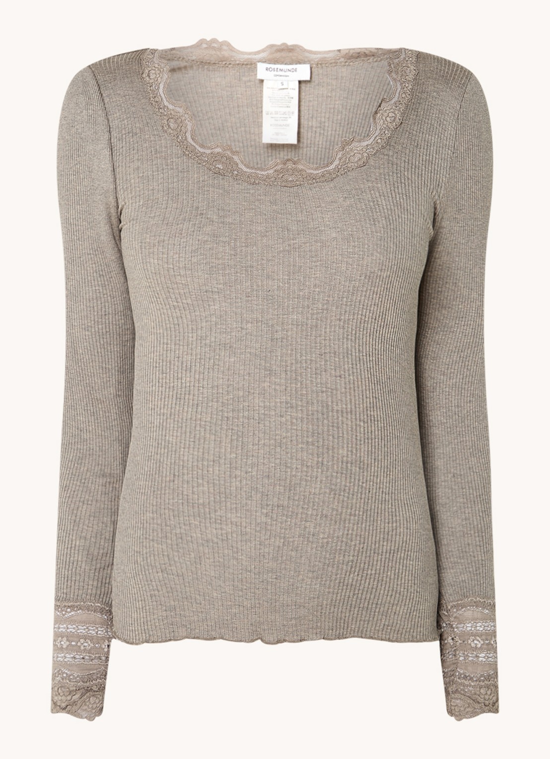 Rosemunde Longsleeve in zijdeblend met structuur en details van kant - voorkant 2 zand