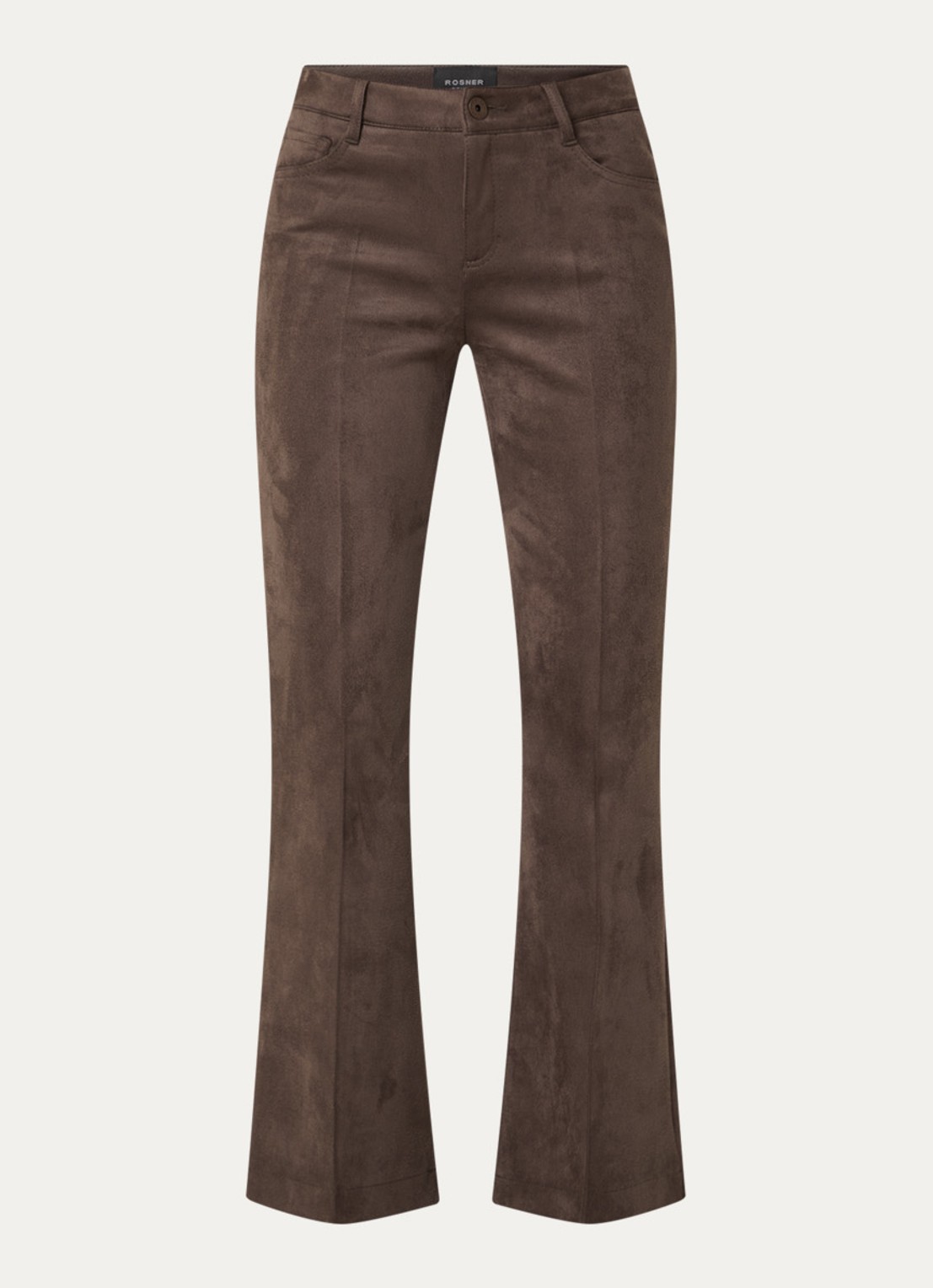 Rosner Studio Antonia mid waist flared fit broek van imitatiesuède - voorkant 4 chocoladebruin