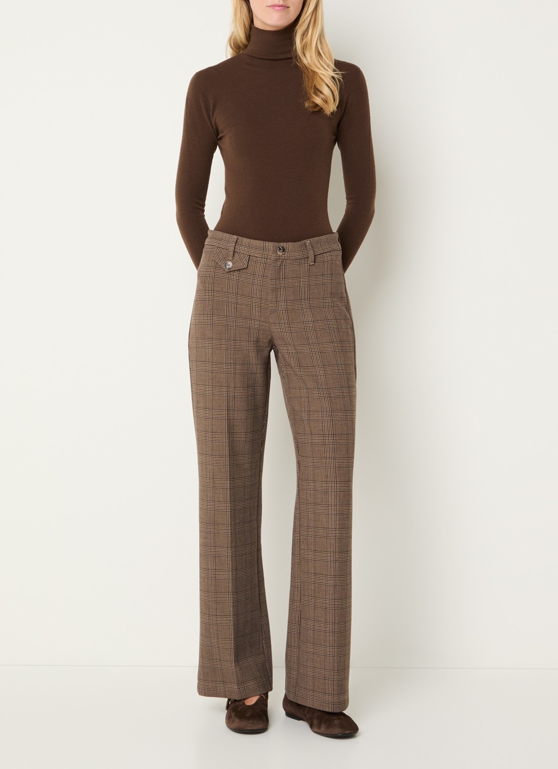 Rosner Studio Audrey high waist bootcut fit pantalon met ruitdessin - voorkant 4 bruin