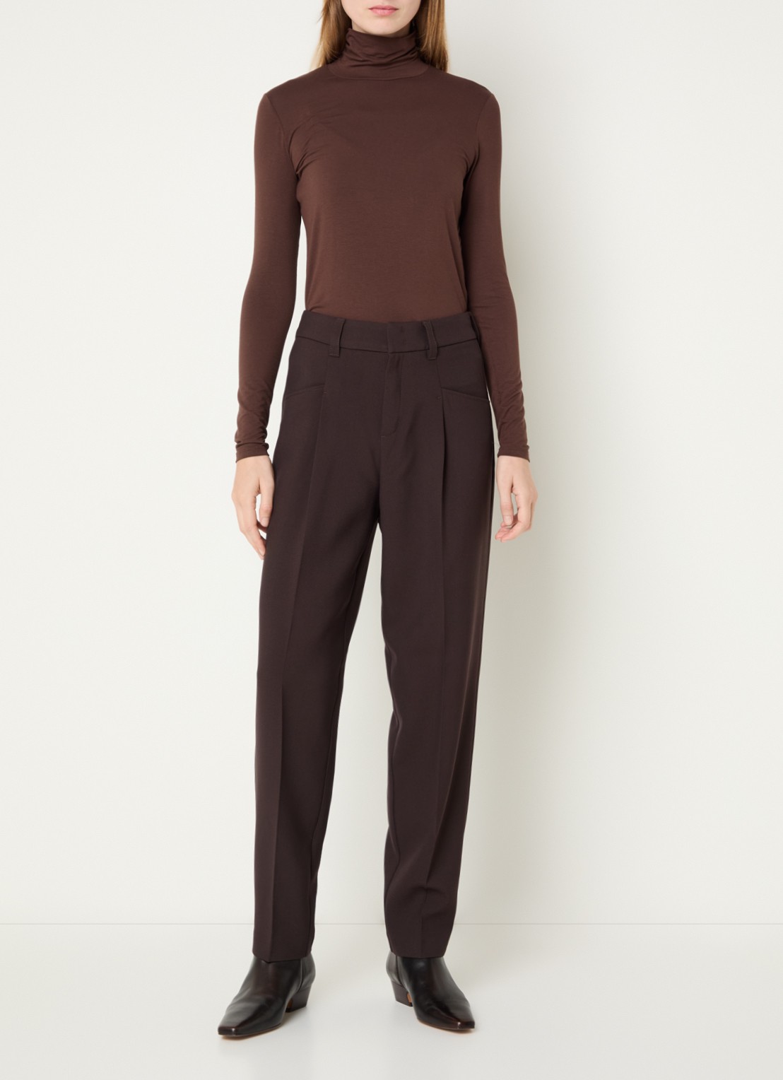 Rosner Studio High waist slim fit pantalon met steekzakken - voorkant 4 donkerbruin
