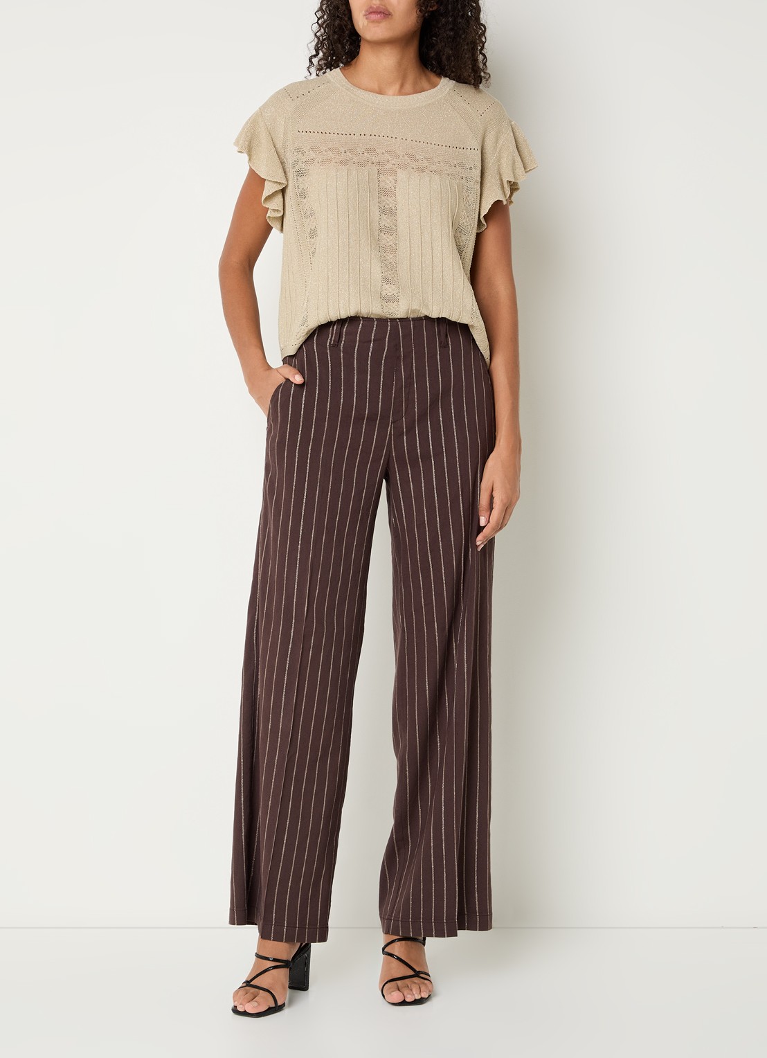Rosner Studio High waist wide fit pantalon met streepprint en lurex - voorkant 3 donkerbruin