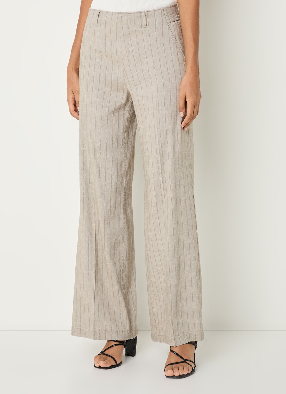 Rosner Studio High waist wide fit pantalon met streepprint en lurex - detail lichtgrijs