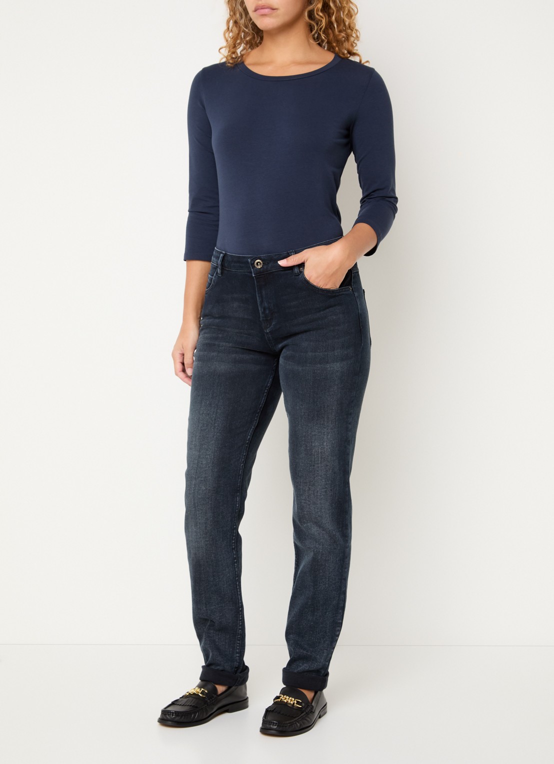 Rosner Studio Masha mid waist slim fit jeans met steekzakken - voorkant 2 donkerblauw