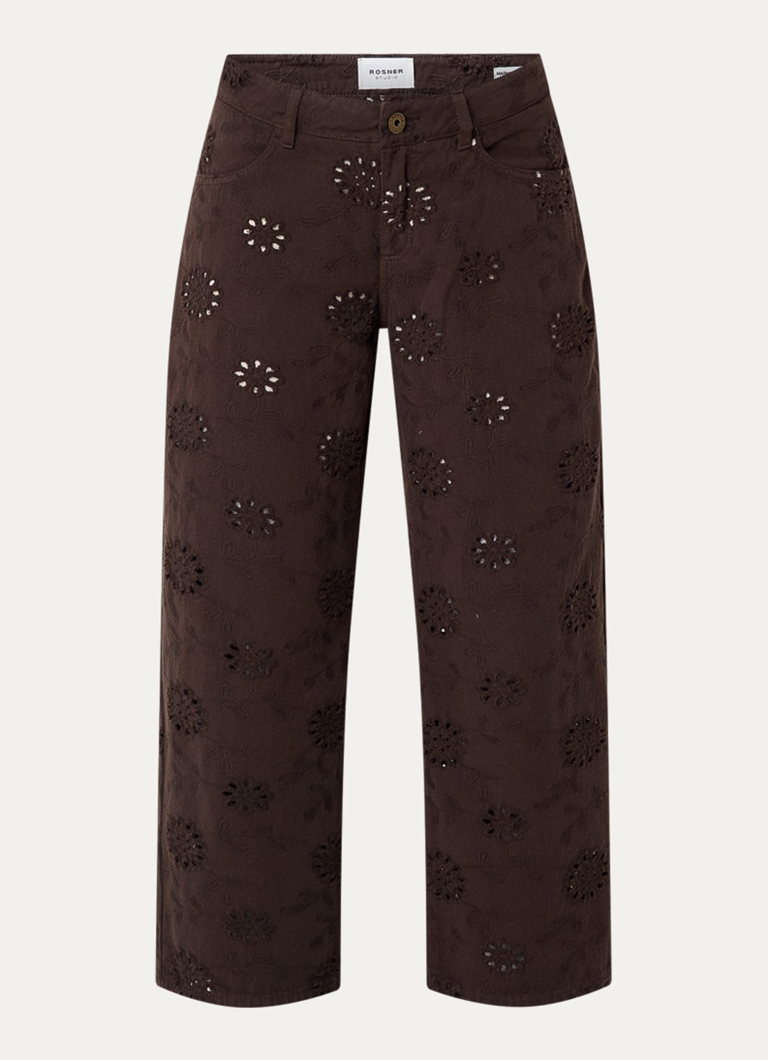 Rosner Studio Masha mid waist straight leg jeans met opengewerkt dessin  - voorkant 2 chocoladebruin