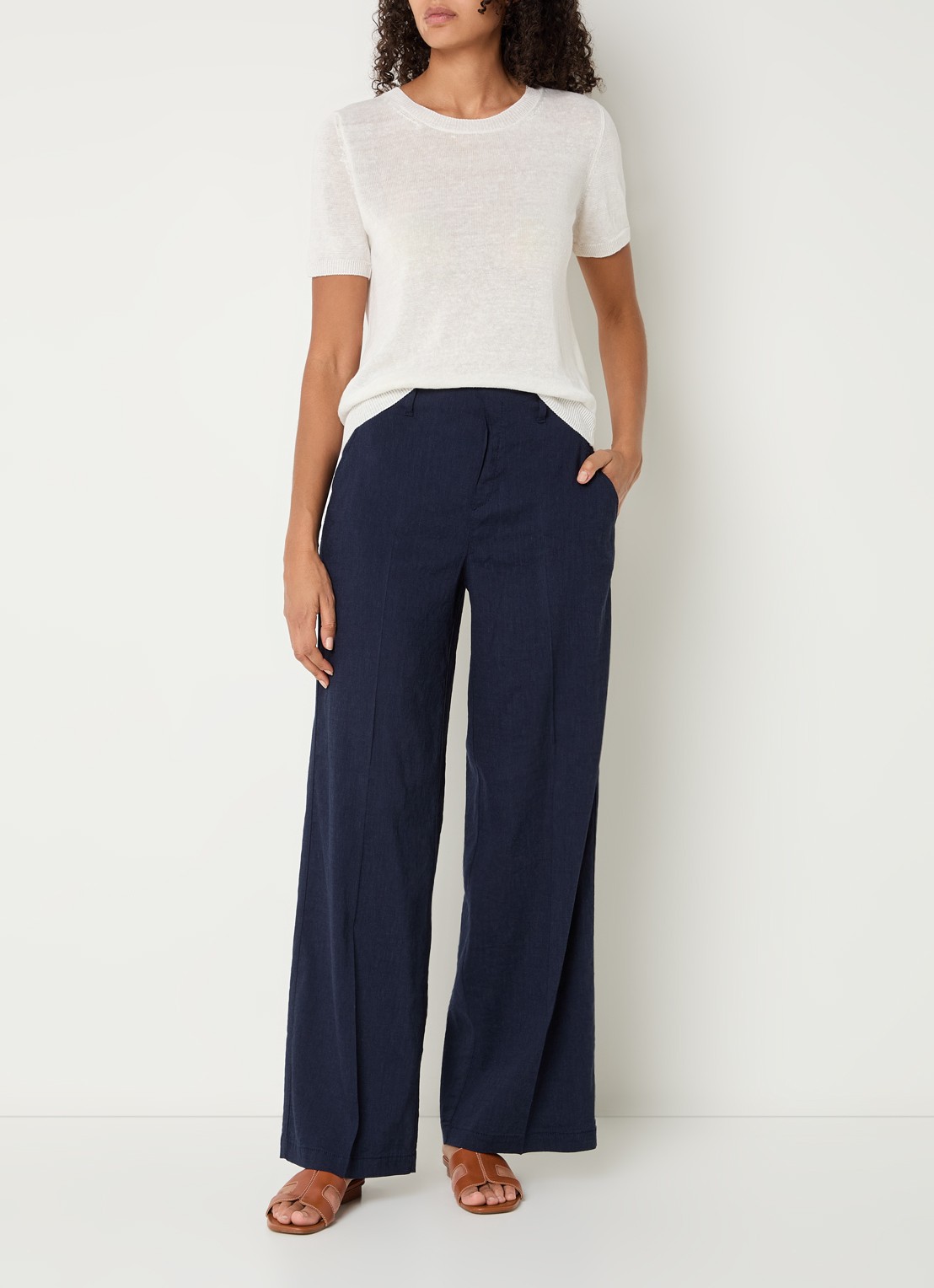 Rosner Studio Mid waist straight fit pantalon in linnenblend - voorkant 4 donkerblauw