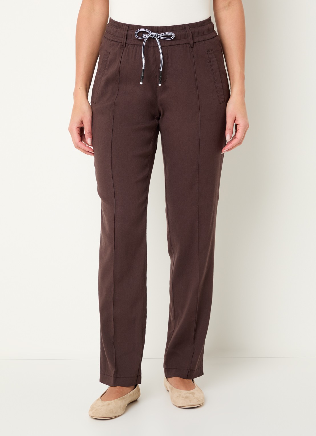 Rosner Studio Rosner high waist slim fit pantalon in linnenblend - detail donkerbruin