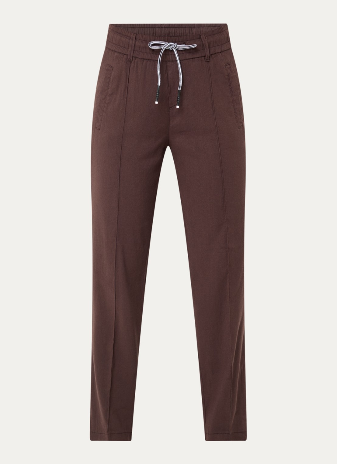 Rosner Studio Rosner high waist slim fit pantalon in linnenblend - voorkant 3 donkerbruin