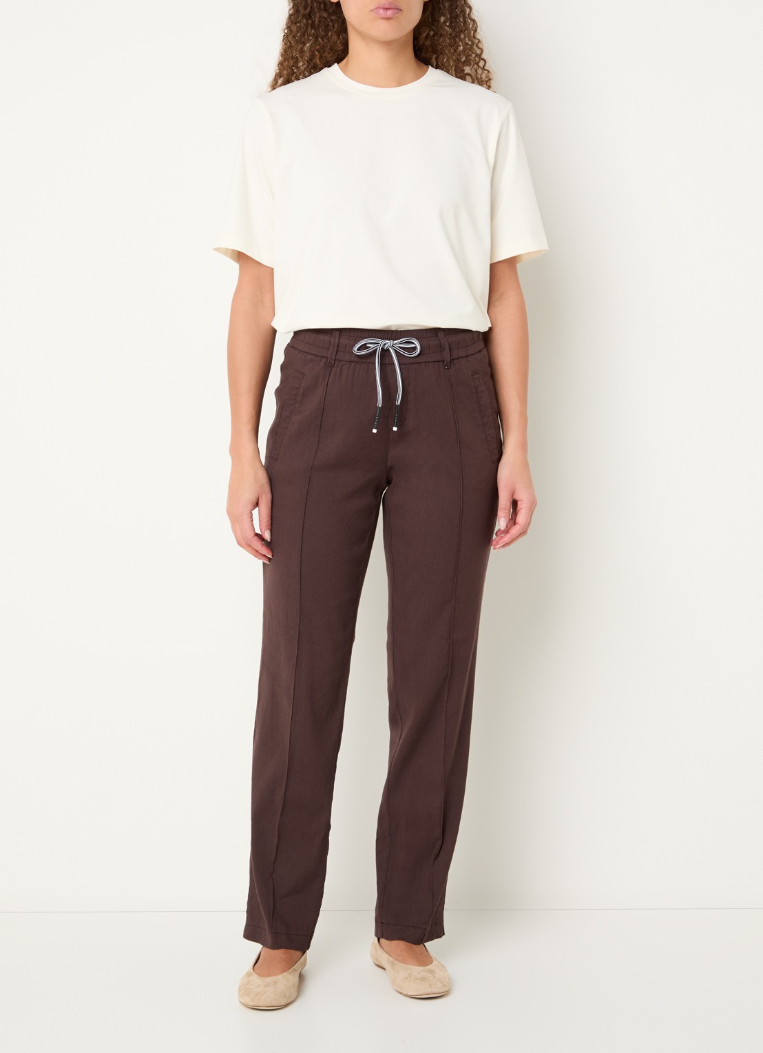 Rosner Studio Rosner high waist slim fit pantalon in linnenblend - voorkant 4 donkerbruin