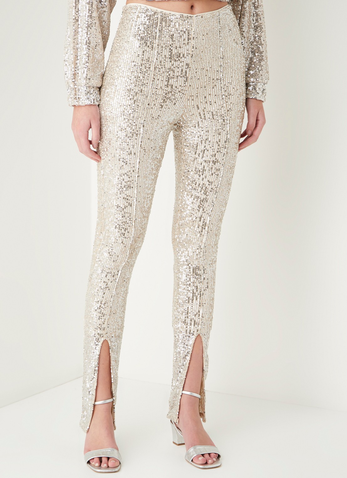 ROTATE Alicia high waist legging met pailletten en splitten - detail 4 zilver