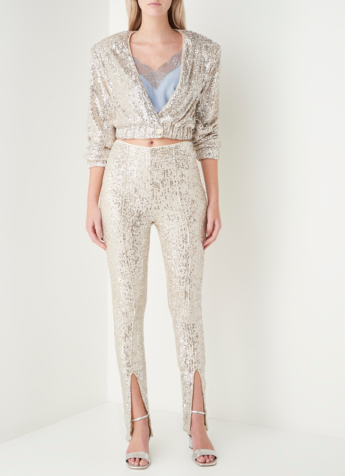 ROTATE Alicia high waist legging met pailletten en splitten - voorkant 3 zilver