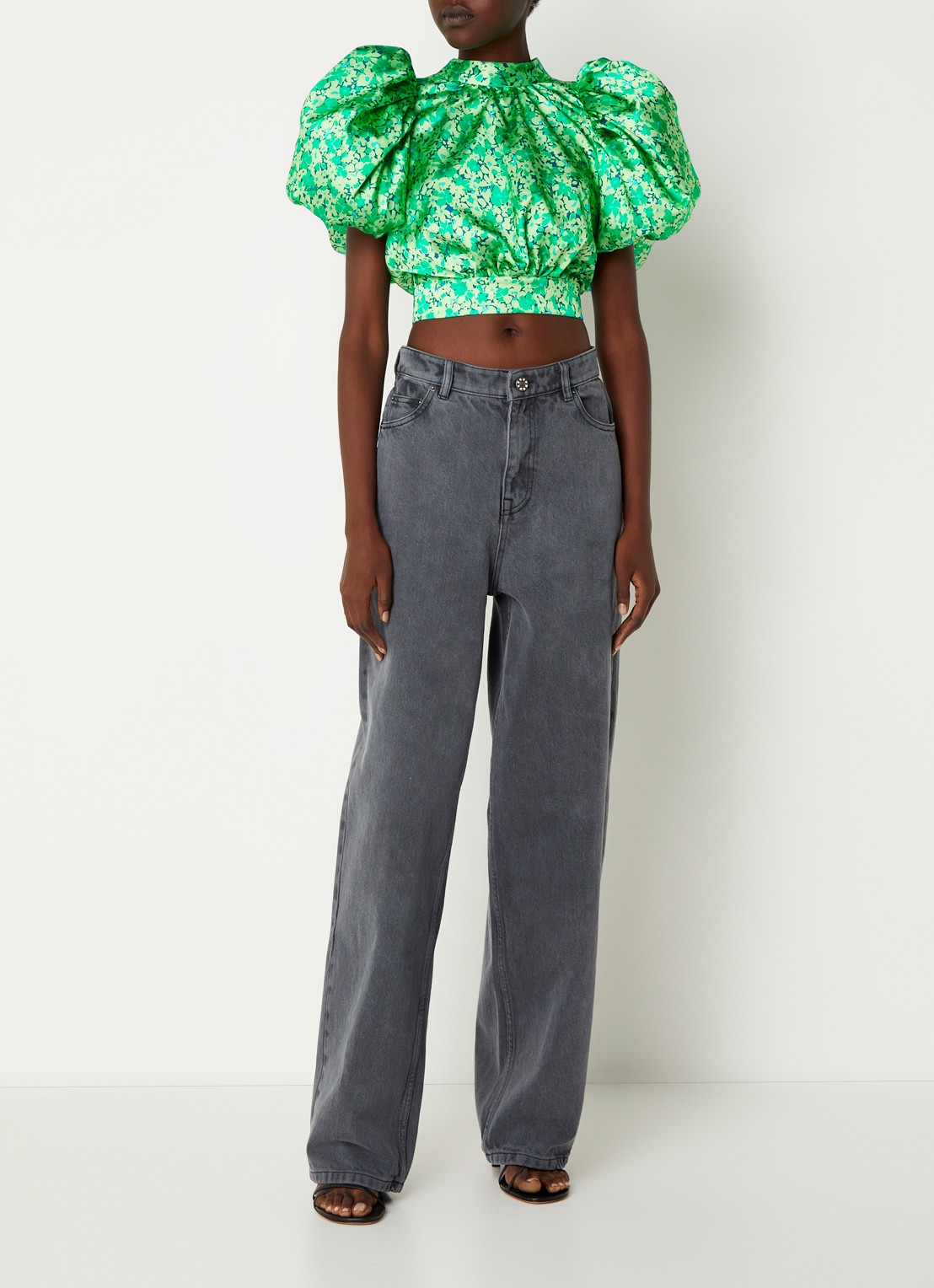 ROTATE Crop top van satijn met rugdecolleté en pofmouw - achterkant 3 groen