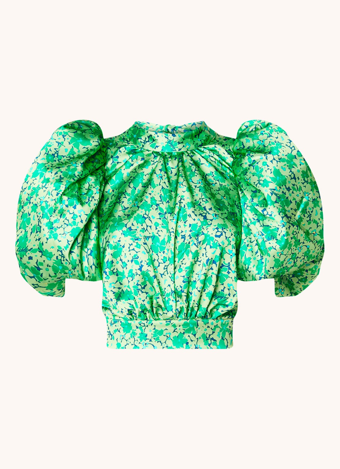 ROTATE Crop top van satijn met rugdecolleté en pofmouw - voorkant 4 groen
