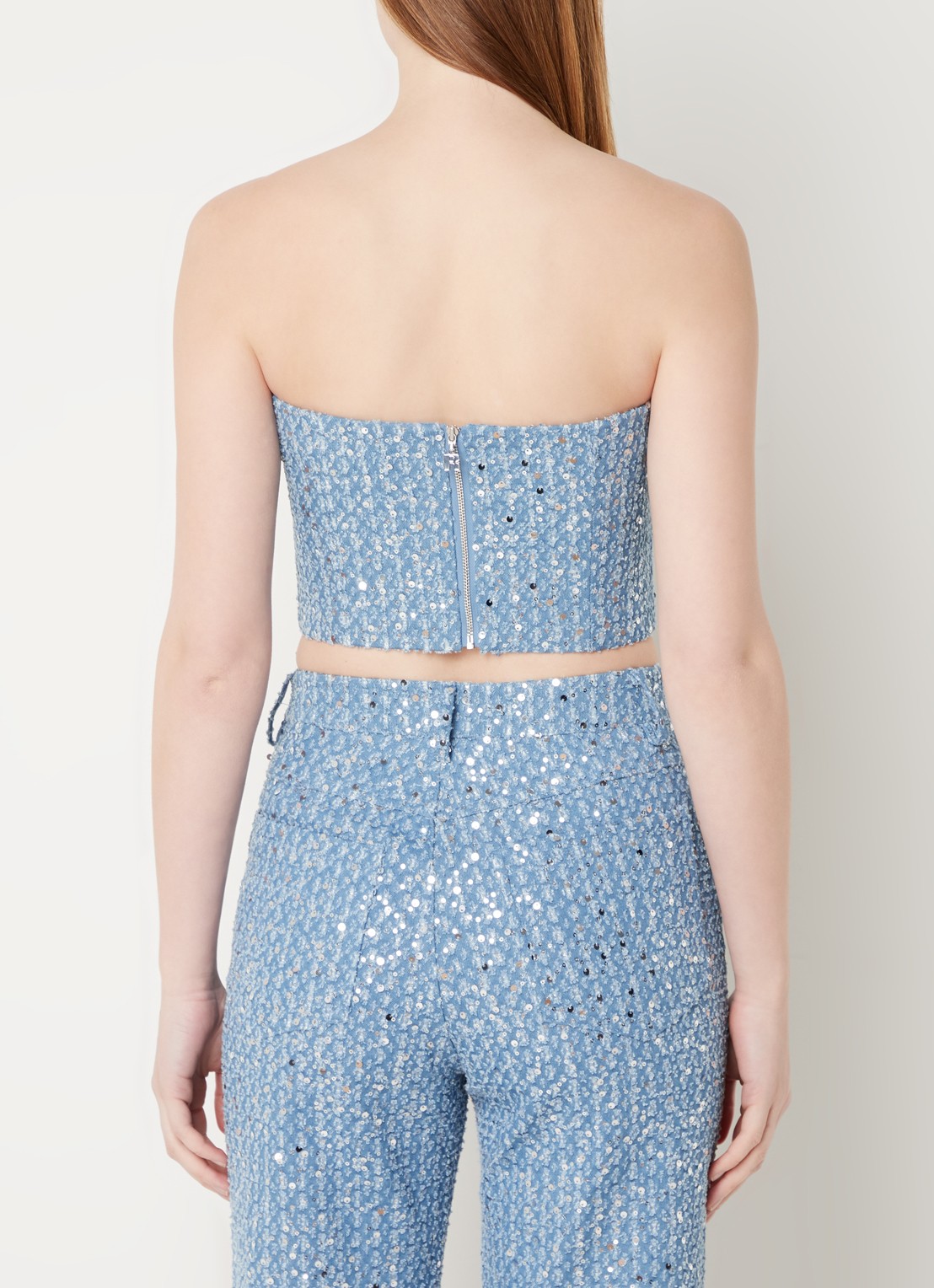 ROTATE Emili bandeautop van denim met pailletten en lurex - achterkant indigo
