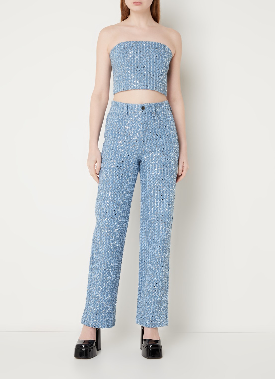 ROTATE Emili bandeautop van denim met pailletten en lurex - voorkant 3 indigo