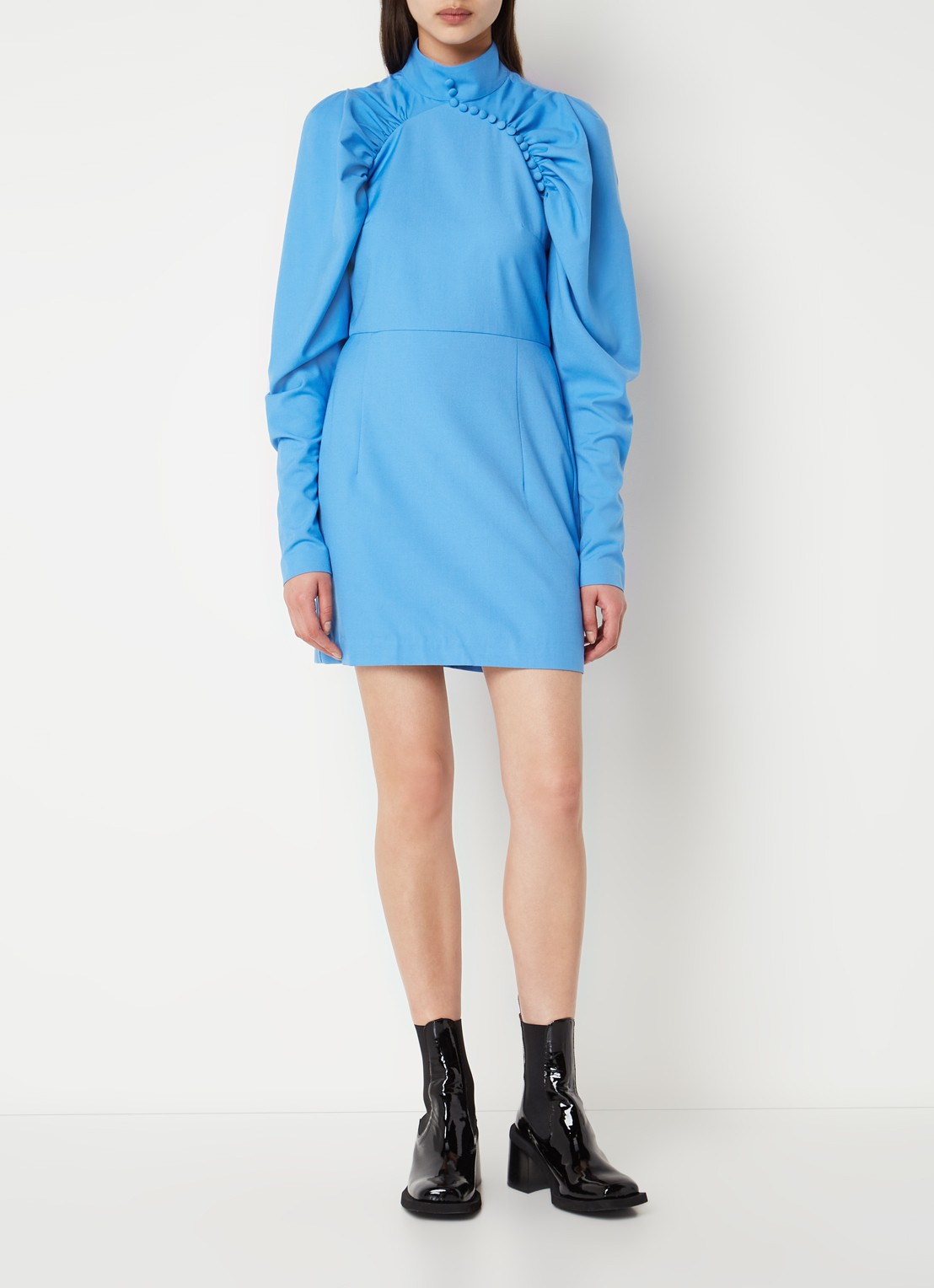 ROTATE Kim mini jurk met sierknopen en plooidetail - voorkant 4 blauw
