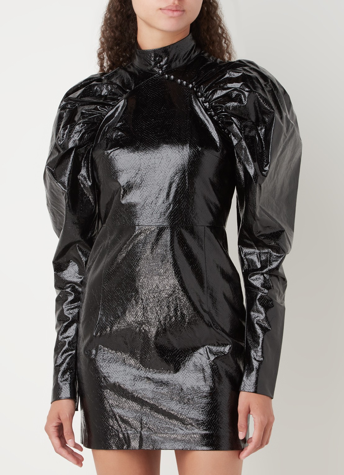 ROTATE Kim mini jurk van imitatieleer met pofmouw - detail zwart