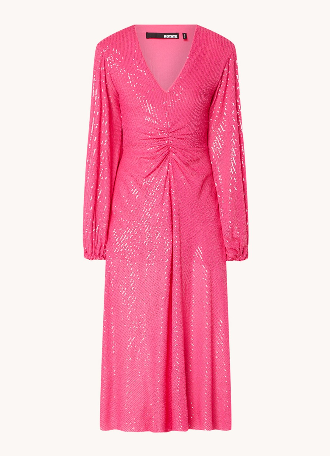 ROTATE Sirin midi jurk met pailletten en ballonmouw - voorkant roze