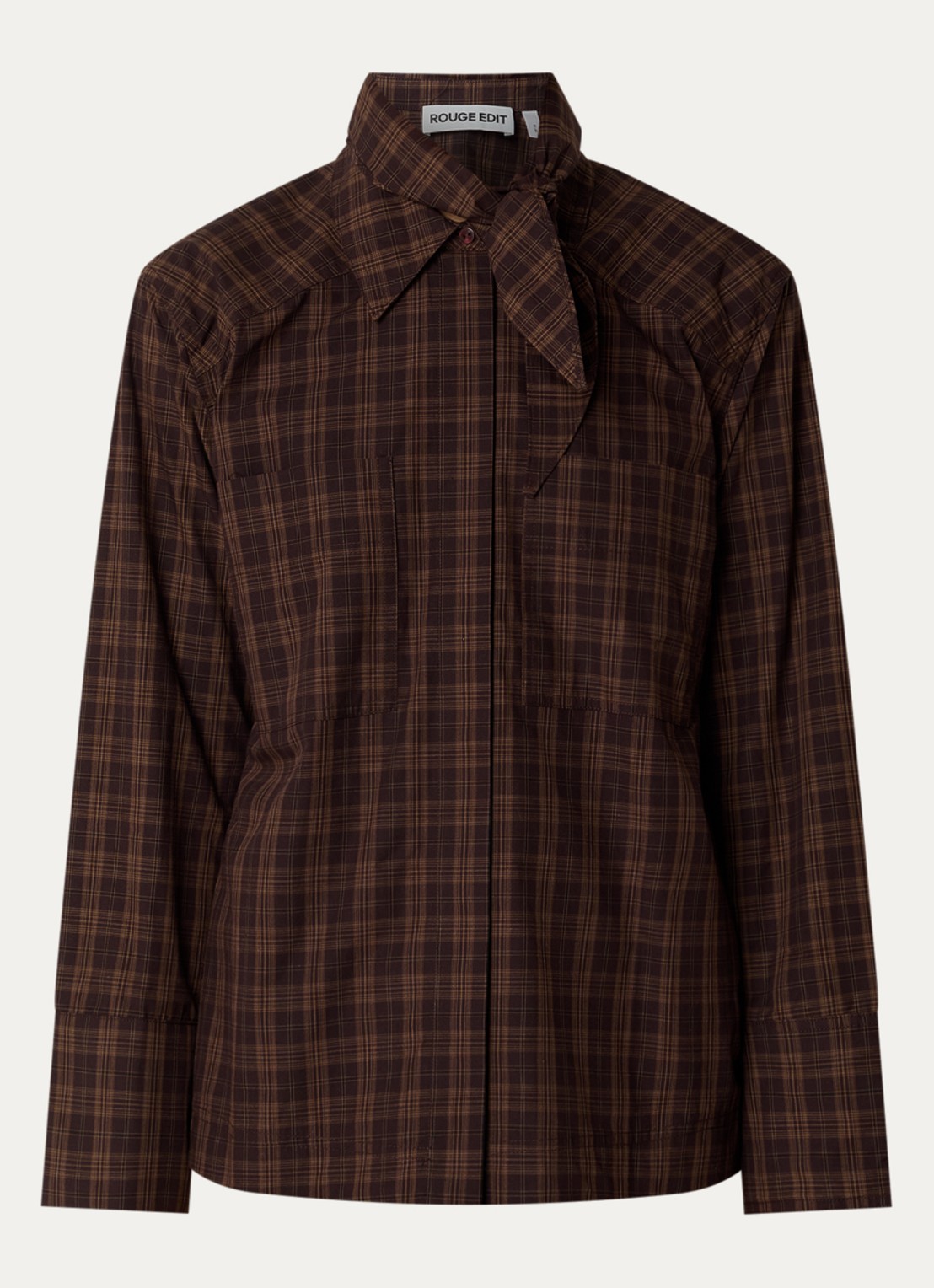 ROUGE EDIT Blouse met ruitdessin en borstzakken - voorkant donkerbruin