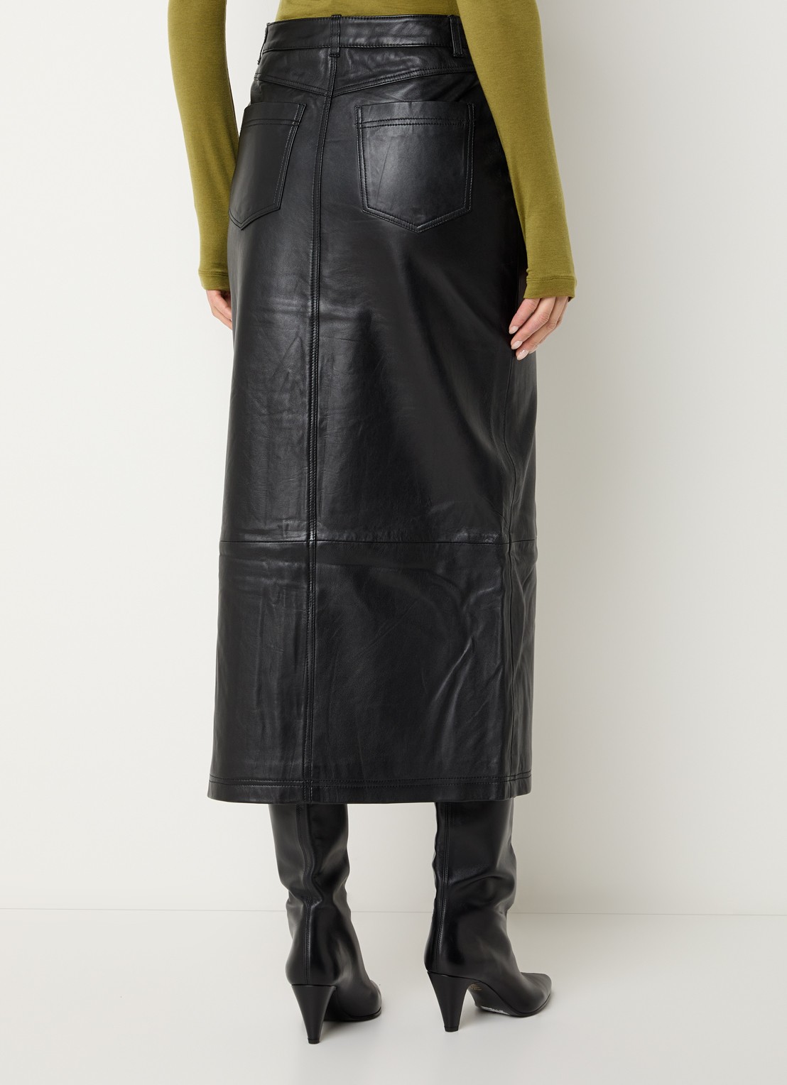 ROUGE EDIT Camden midi rok van leer met split - achterkant zwart
