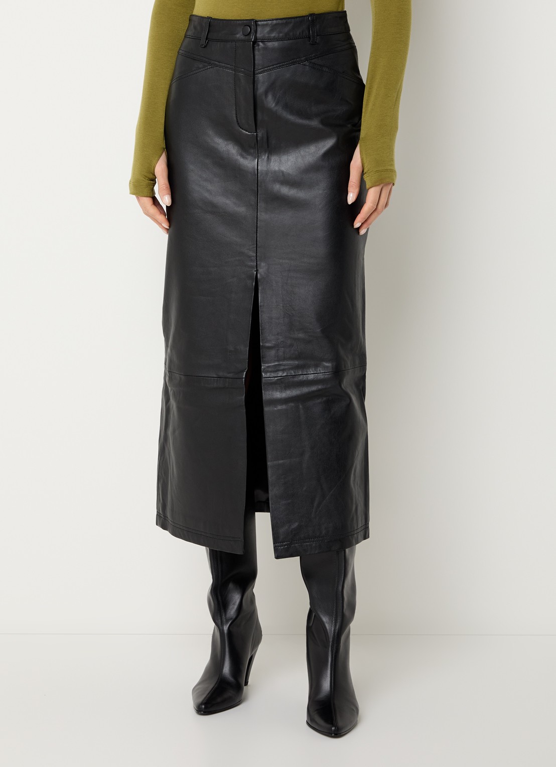 ROUGE EDIT Camden midi rok van leer met split - detail 2 zwart