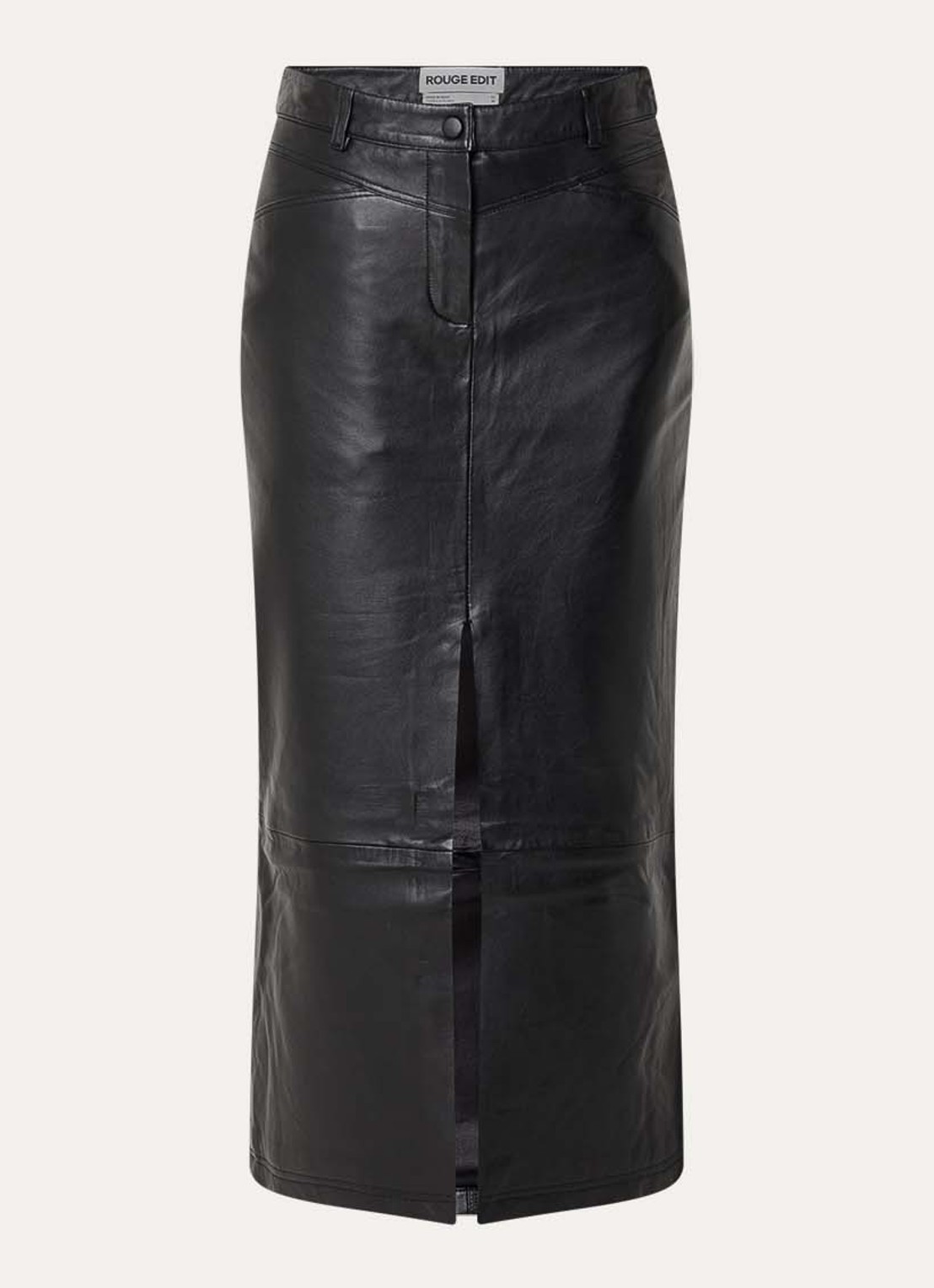 ROUGE EDIT Camden midi rok van leer met split - voorkant 3 zwart