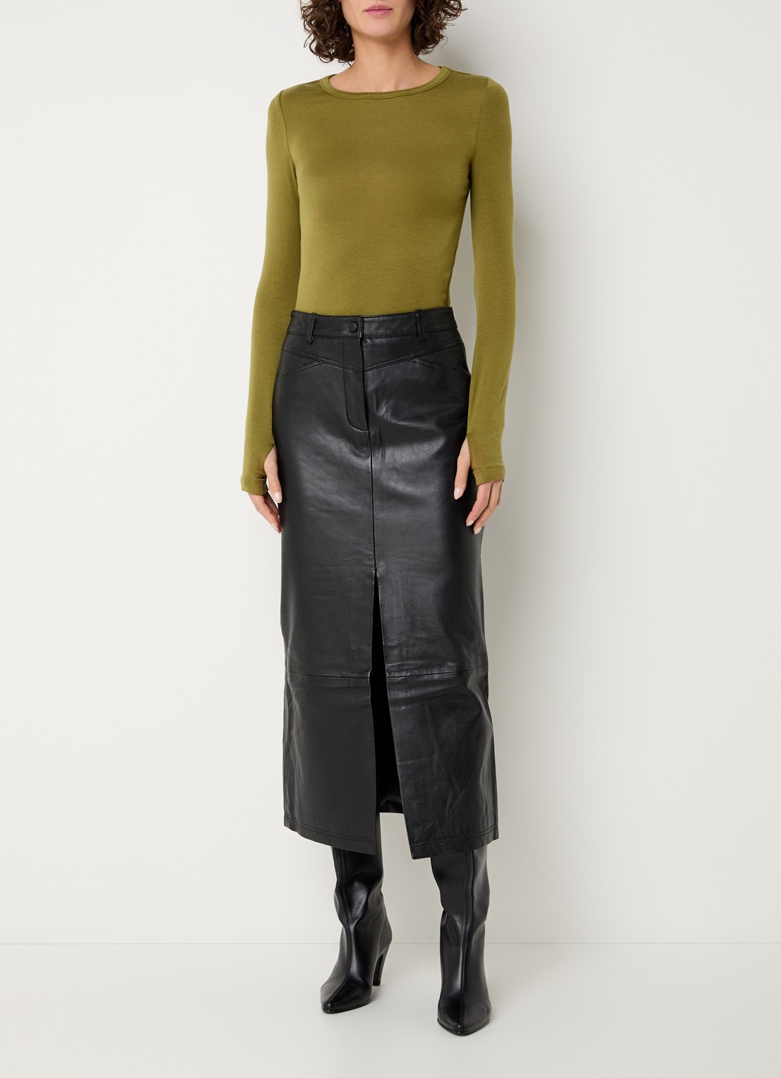 ROUGE EDIT Camden midi rok van leer met split - voorkant 4 zwart