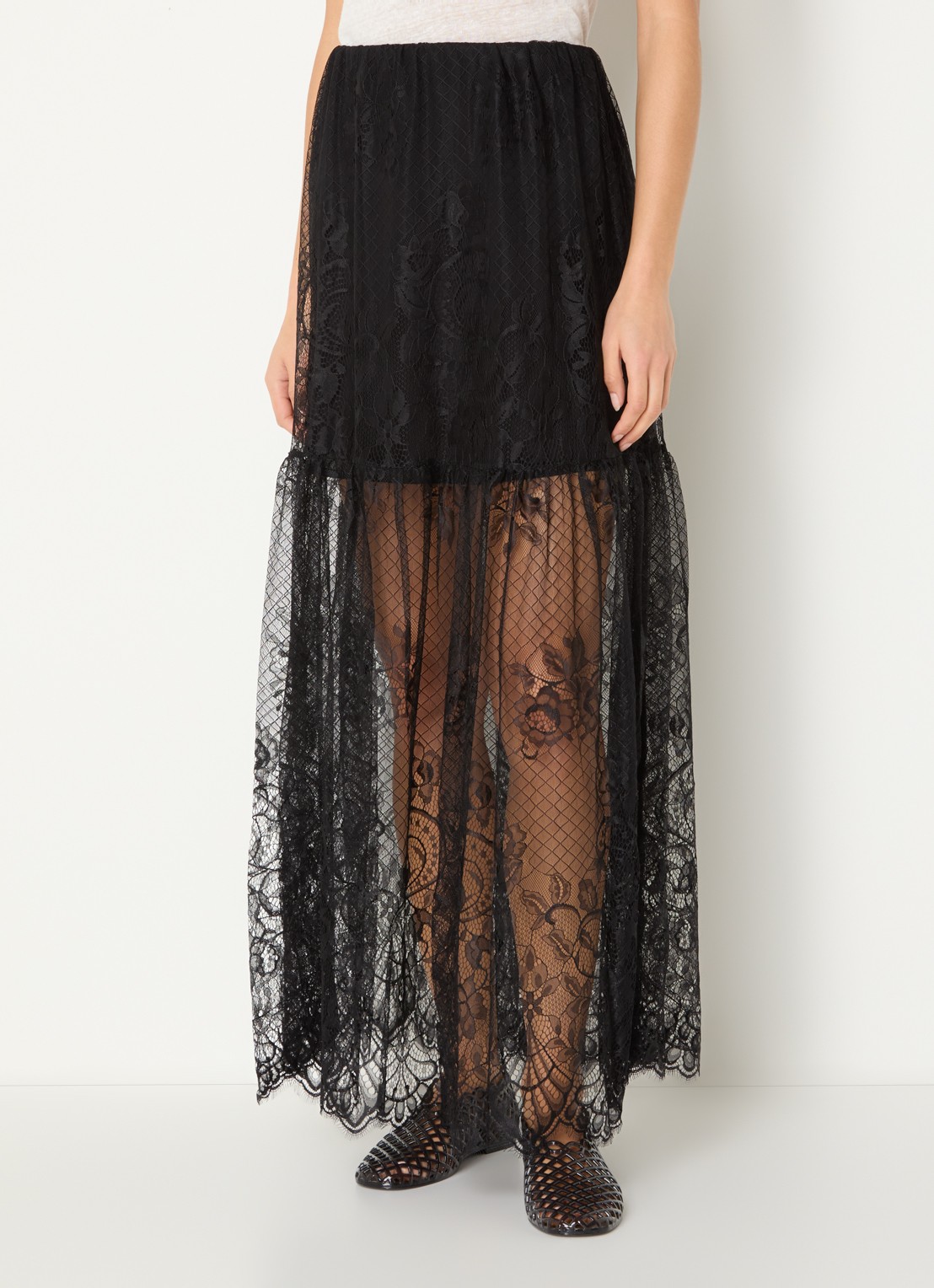 ROUGE EDIT Eya semi-transparante maxi rok van kant - detail 4 zwart