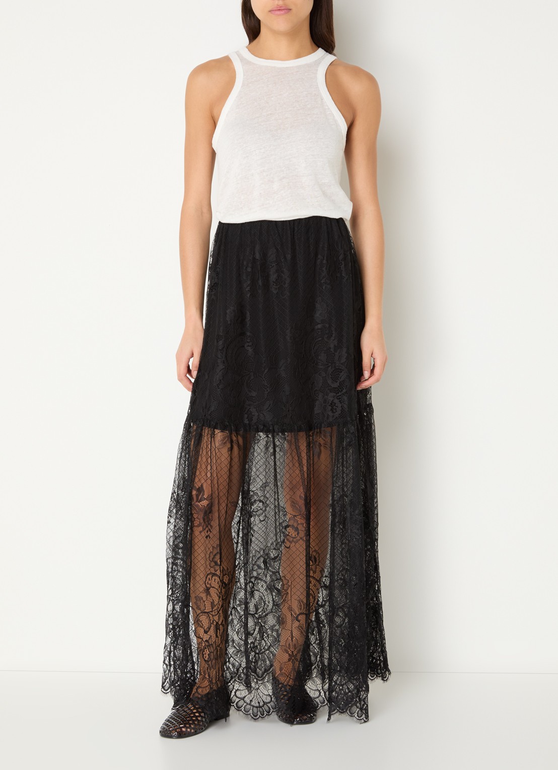 ROUGE EDIT Eya semi-transparante maxi rok van kant - voorkant 2 zwart