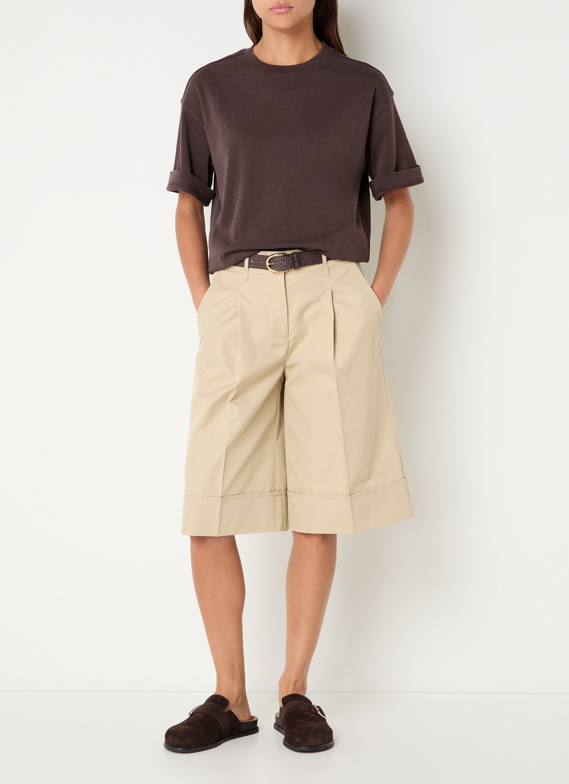 ROUGE EDIT Francie high waist wide fit culotte met steekzakken - voorkant 2 beige