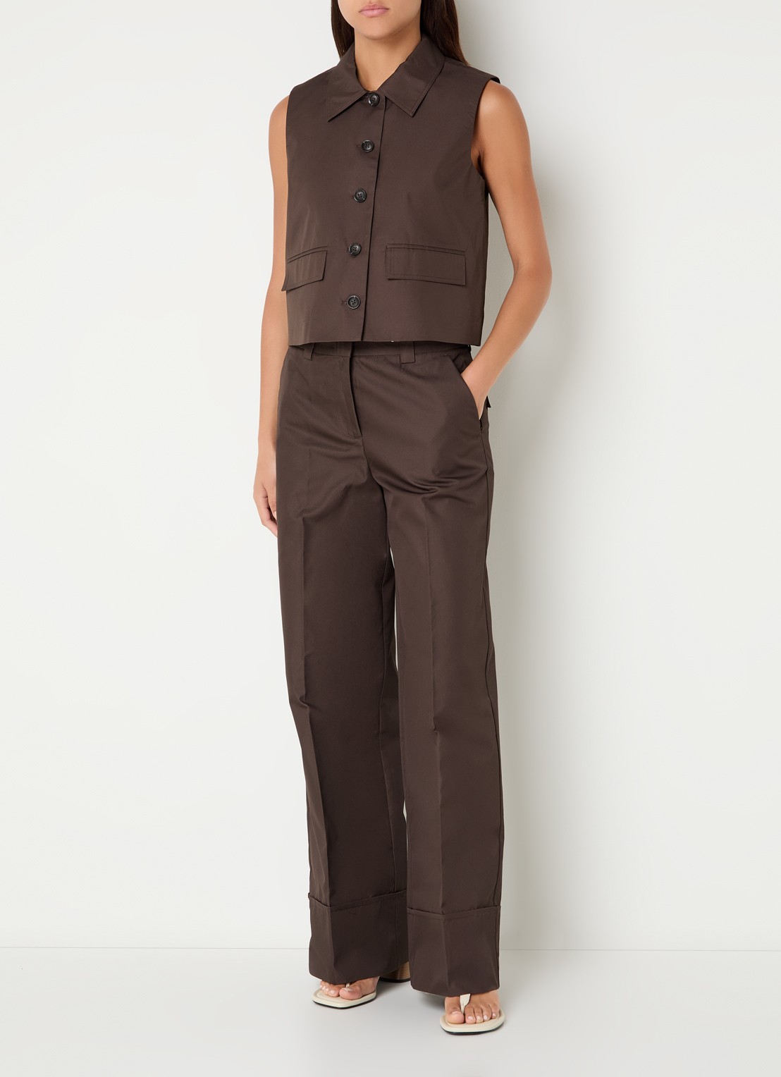 ROUGE EDIT Fransiska high waist straight fit pantalon van canvas - voorkant 2 bruin