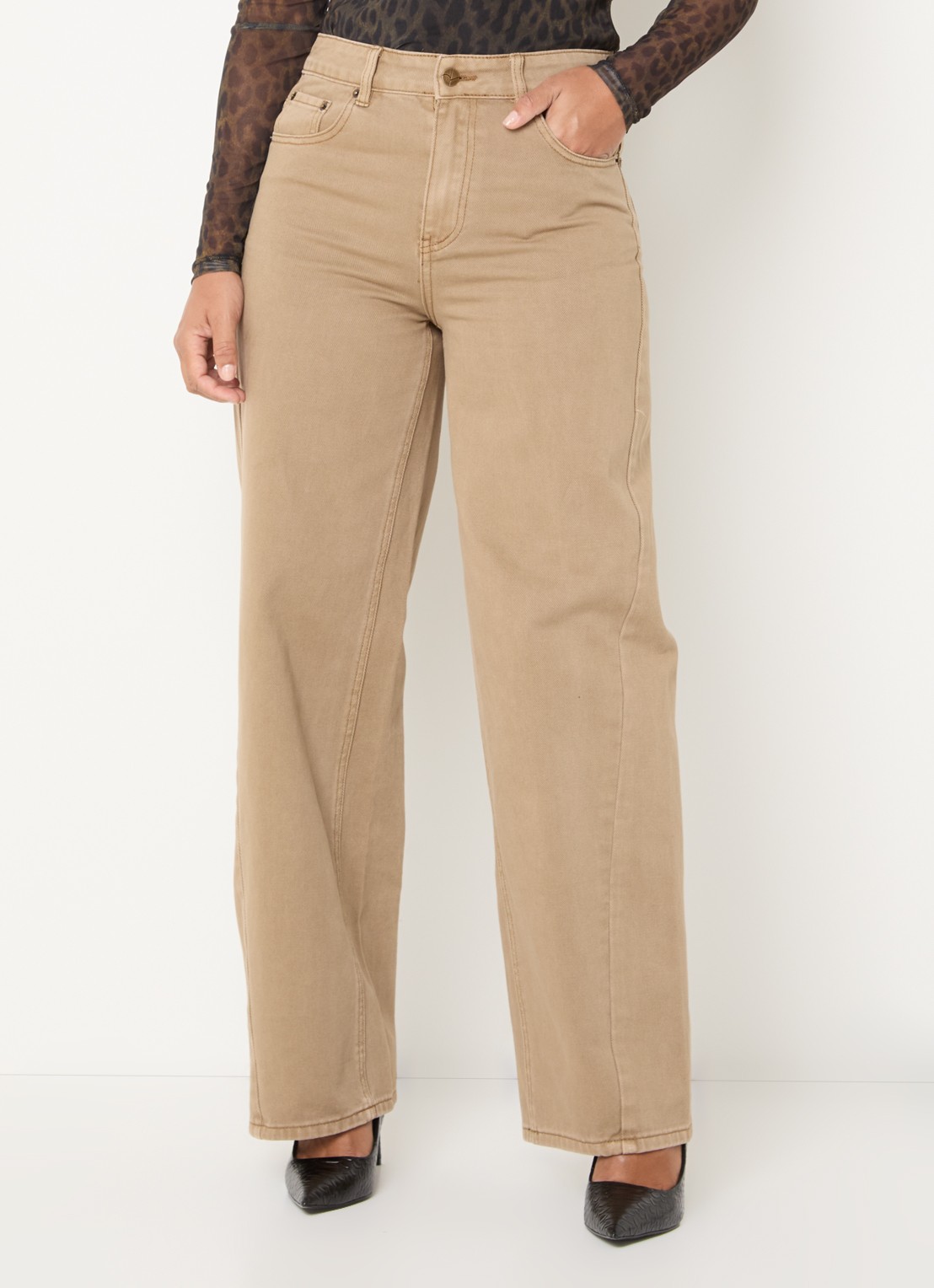ROUGE EDIT High waist straight leg jeans met gekleurde wassing - detail 3 khaki