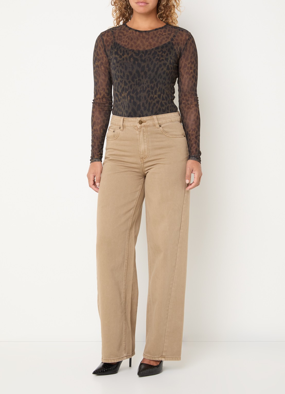 ROUGE EDIT High waist straight leg jeans met gekleurde wassing - voorkant 2 khaki