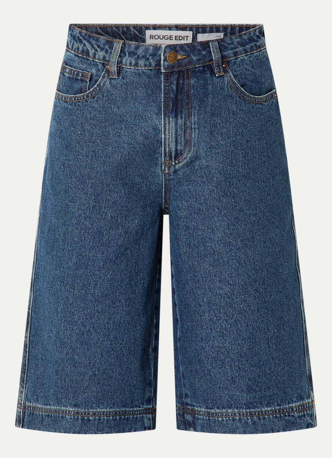 ROUGE EDIT Jolie high waist straight fit korte broek van denim met donkere wassing - voorkant indigo