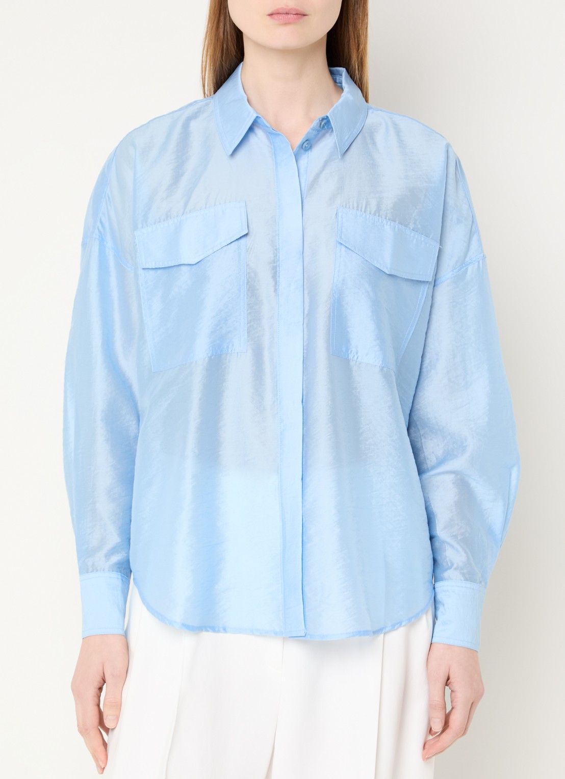 ROUGE EDIT Linine oversized blouse met borstzakken - detail 3 lichtblauw