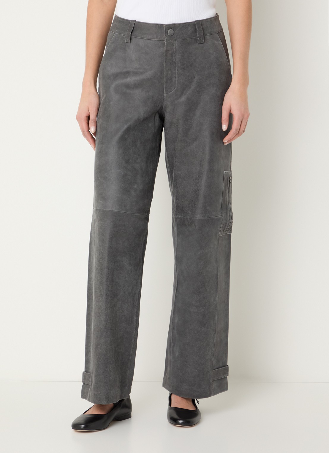 ROUGE EDIT Roubrooklyn high waist straight fit broek van lamsleer - detail beige