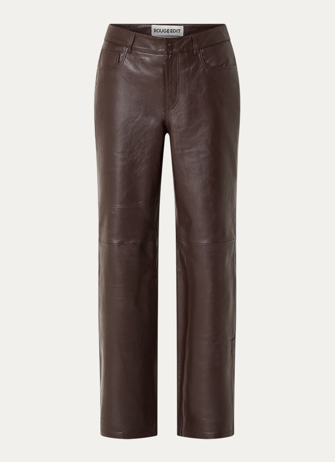 ROUGE EDIT Roucamden mid waist straight fit broek van lamsleer - voorkant 4 bruin