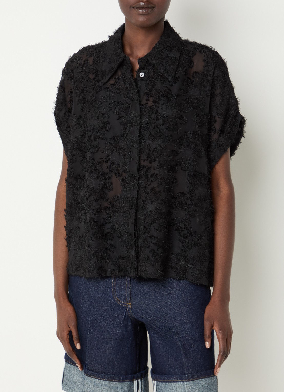 ROUGE EDIT Roukyoto semi-transparante blouse met structuur - detail 3 zwart