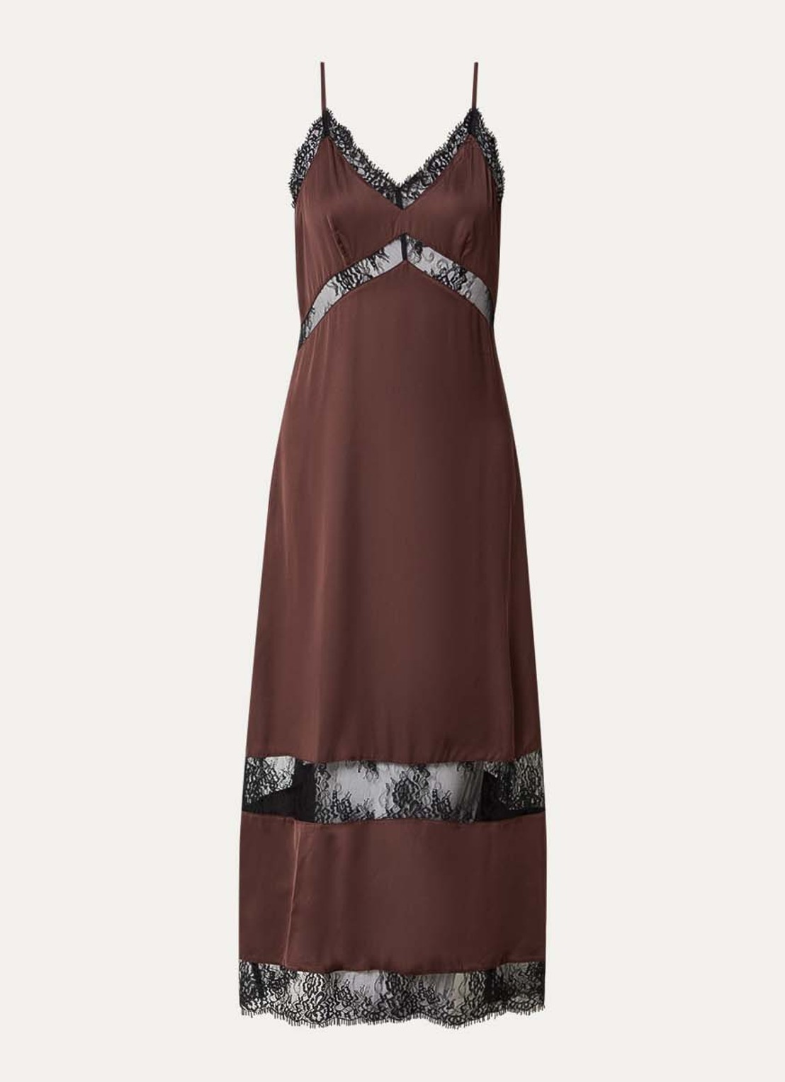 ROUGE EDIT Roulace maxi jurk van satijn met details van kant - voorkant 3 bruin