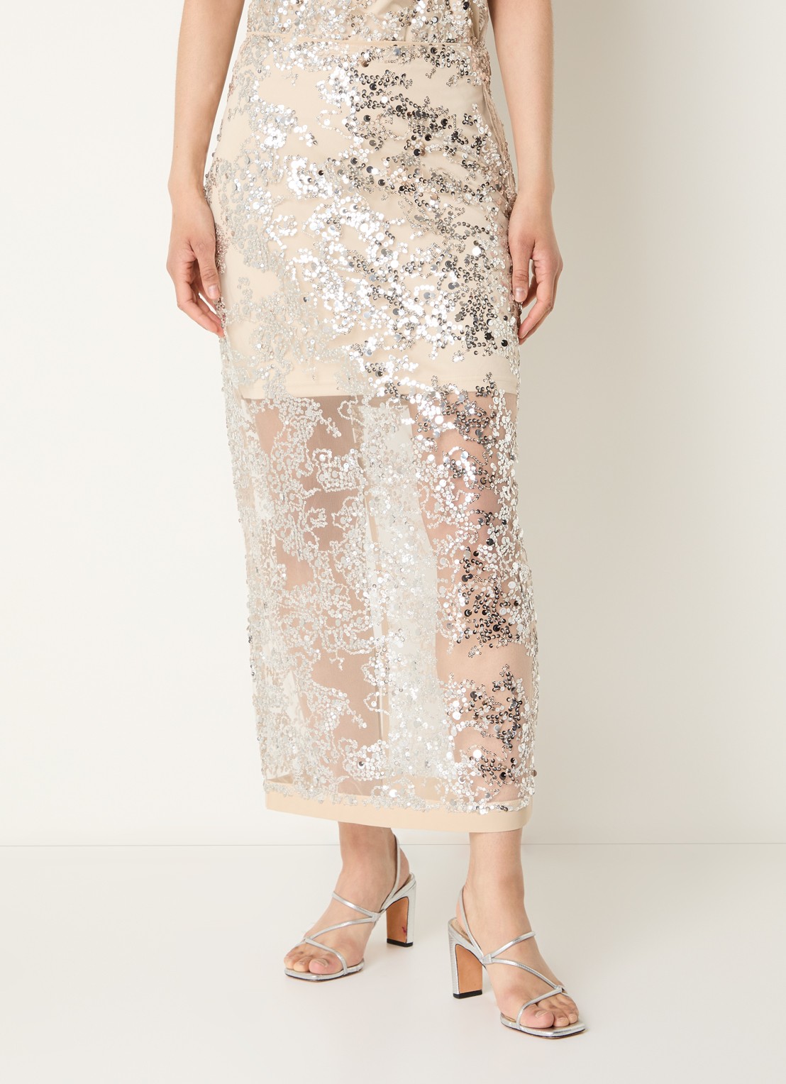 ROUGE EDIT Rouleona semi-transparante midi rok met pailletten - detail 2 zilver