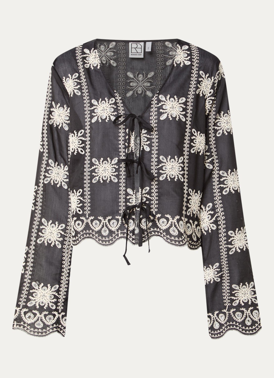 ROUGE EDIT Rounala blouse met gestrikt detail en borduring - voorkant 2 zwart