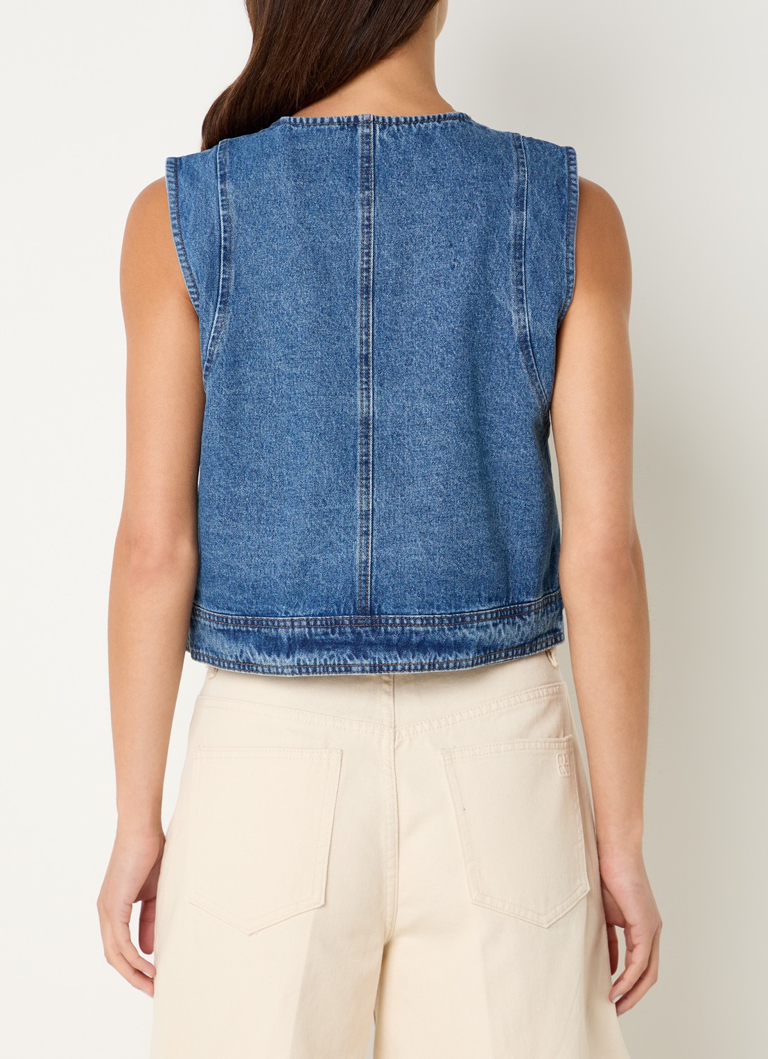 ROUGE EDIT Rouramonas gilet van denim met opgestikte zakken  - achterkant indigo