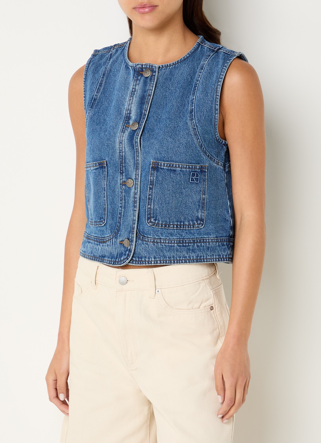 ROUGE EDIT Rouramonas gilet van denim met opgestikte zakken  - detail 2 indigo