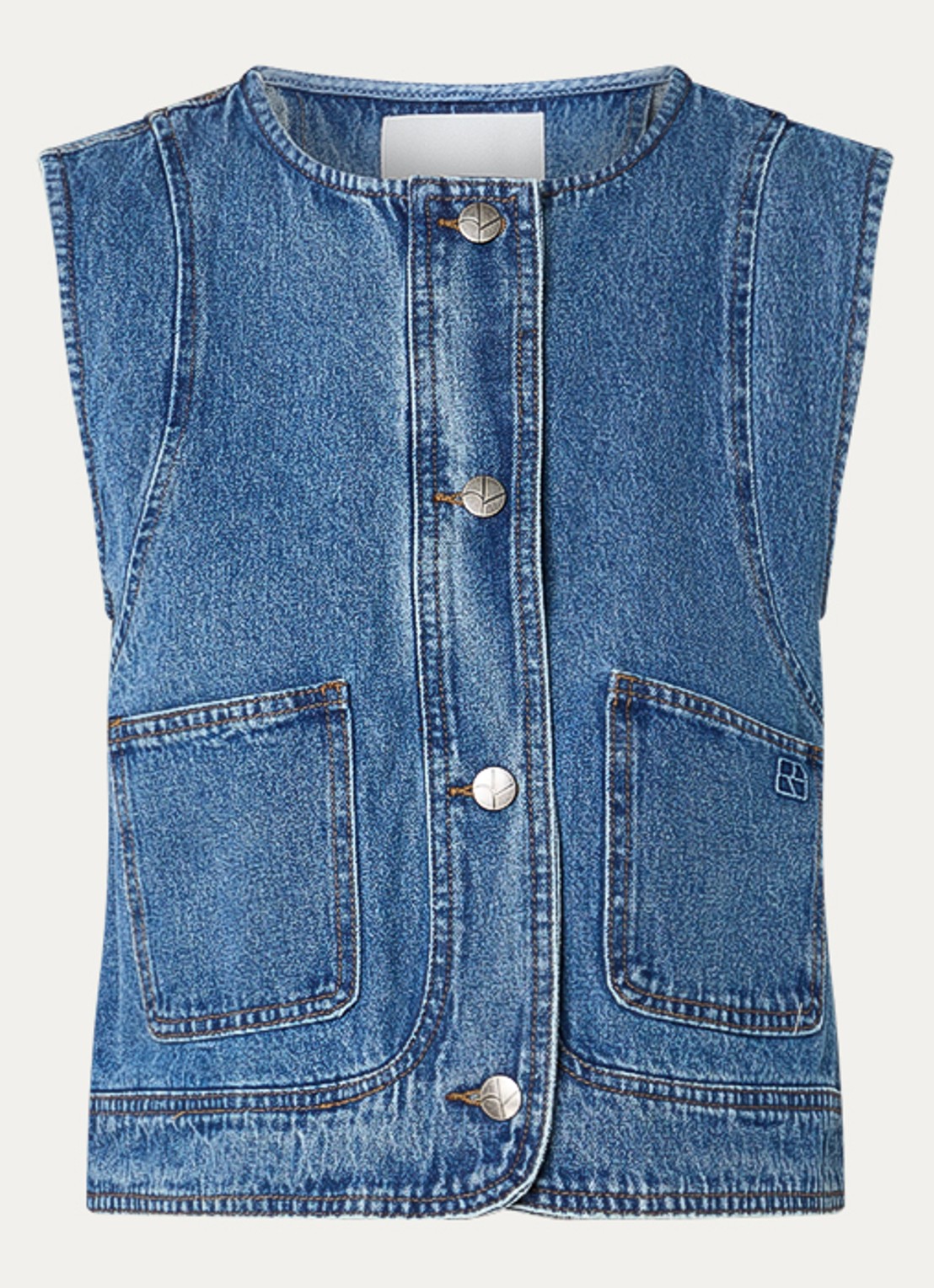 ROUGE EDIT Rouramonas gilet van denim met opgestikte zakken  - voorkant 3 indigo