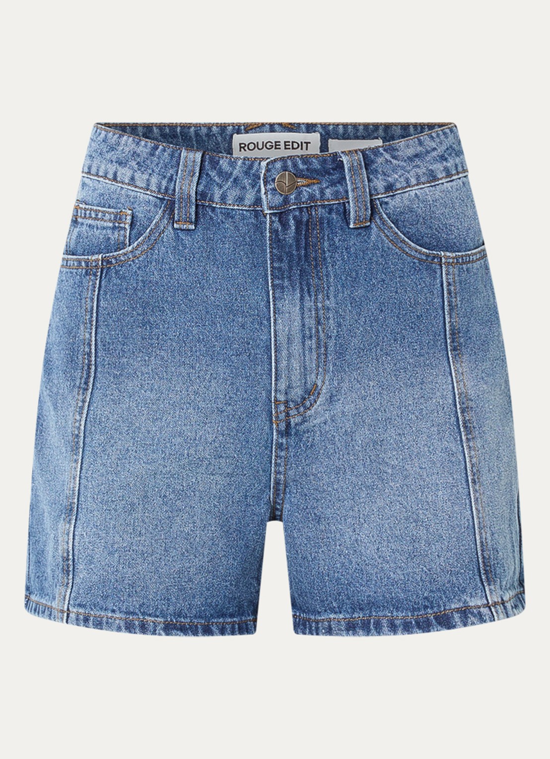 ROUGE EDIT Rouramonas high waist straight fit korte broek van denim - voorkant 3 indigo