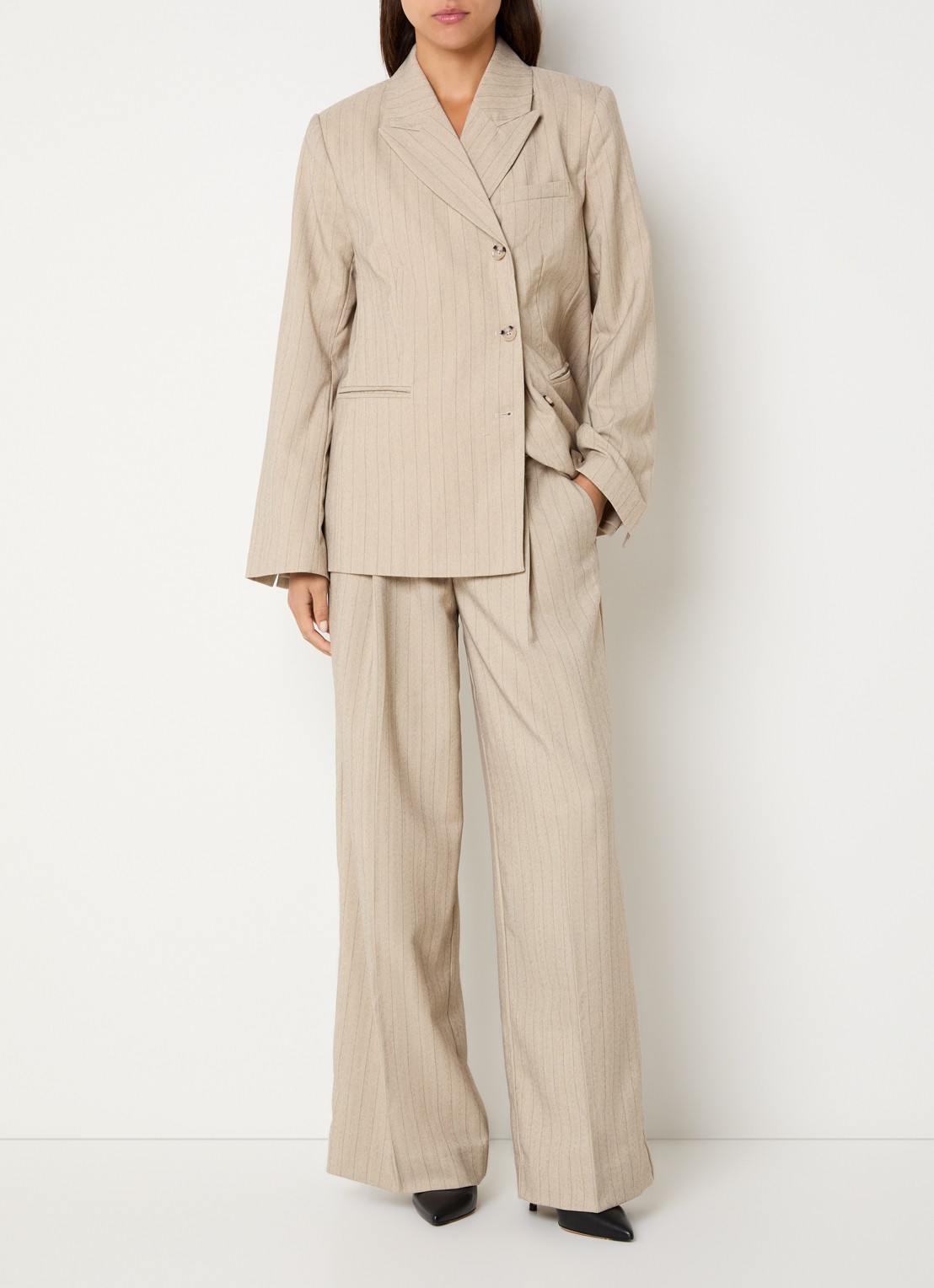 ROUGE EDIT Rousaga high waist wide fit pantalon met steekzakken - voorkant 4 beige