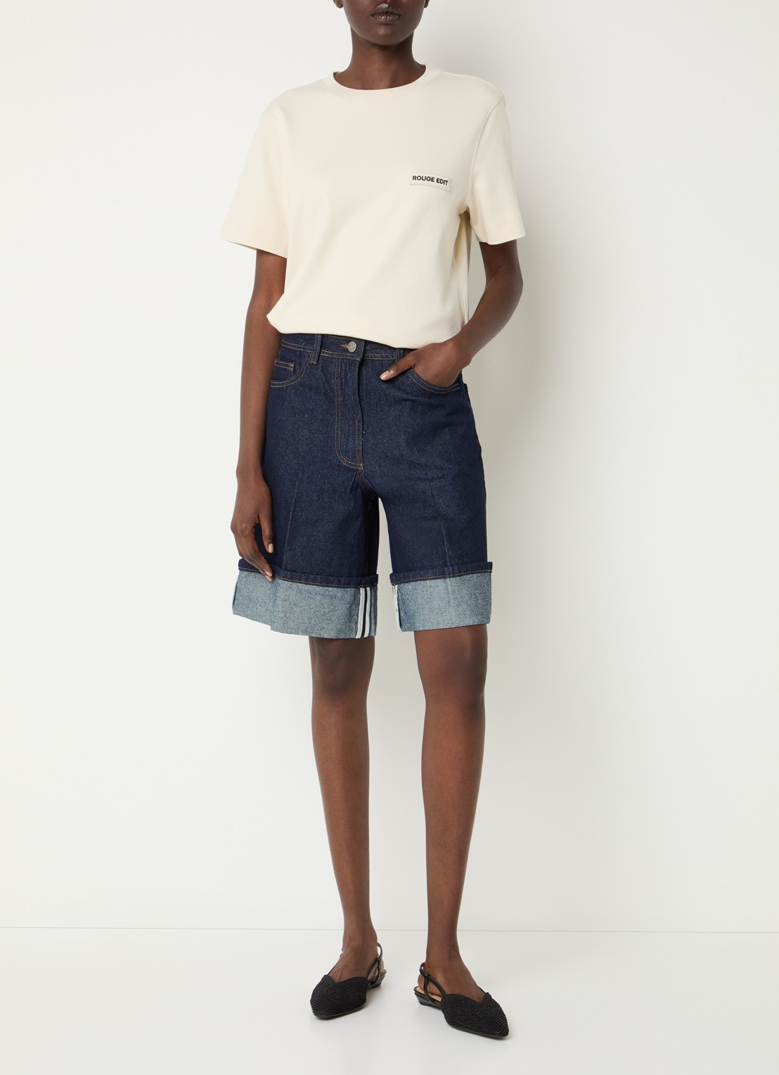 ROUGE EDIT Rousaras T-shirt met logoborduring - voorkant 2 creme