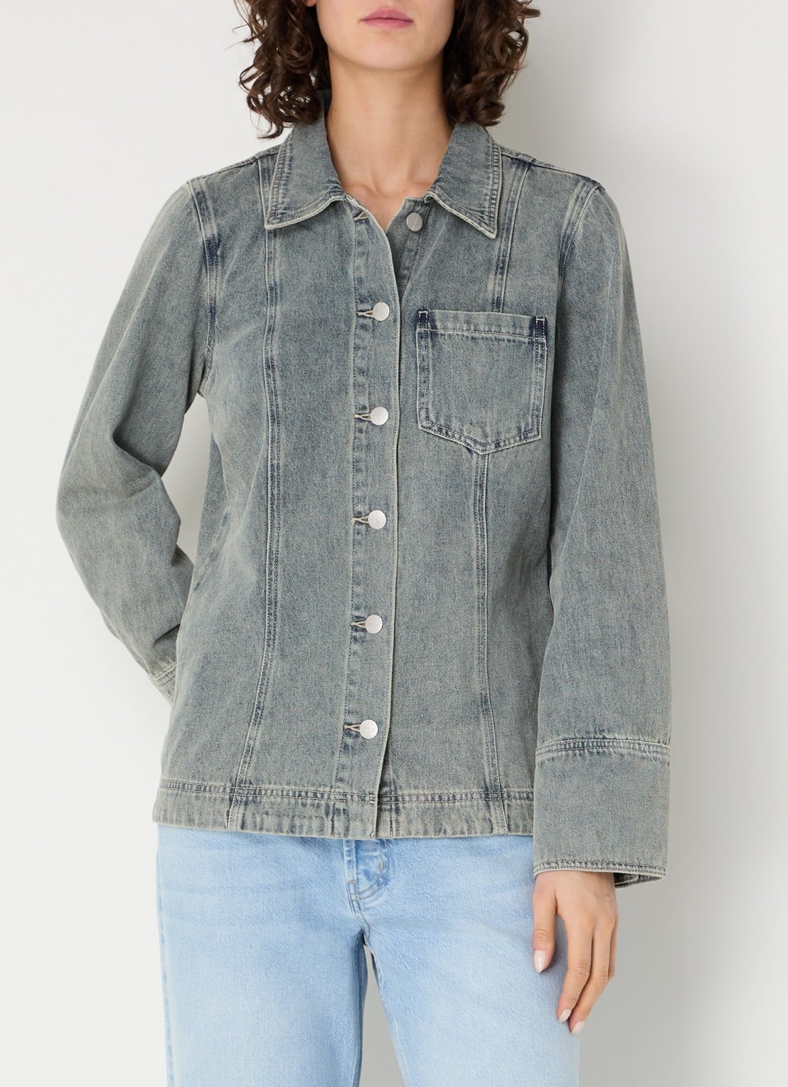 ROUGE EDIT Rouvivian blouse van denim met borstzak - detail 3 blauwgrijs