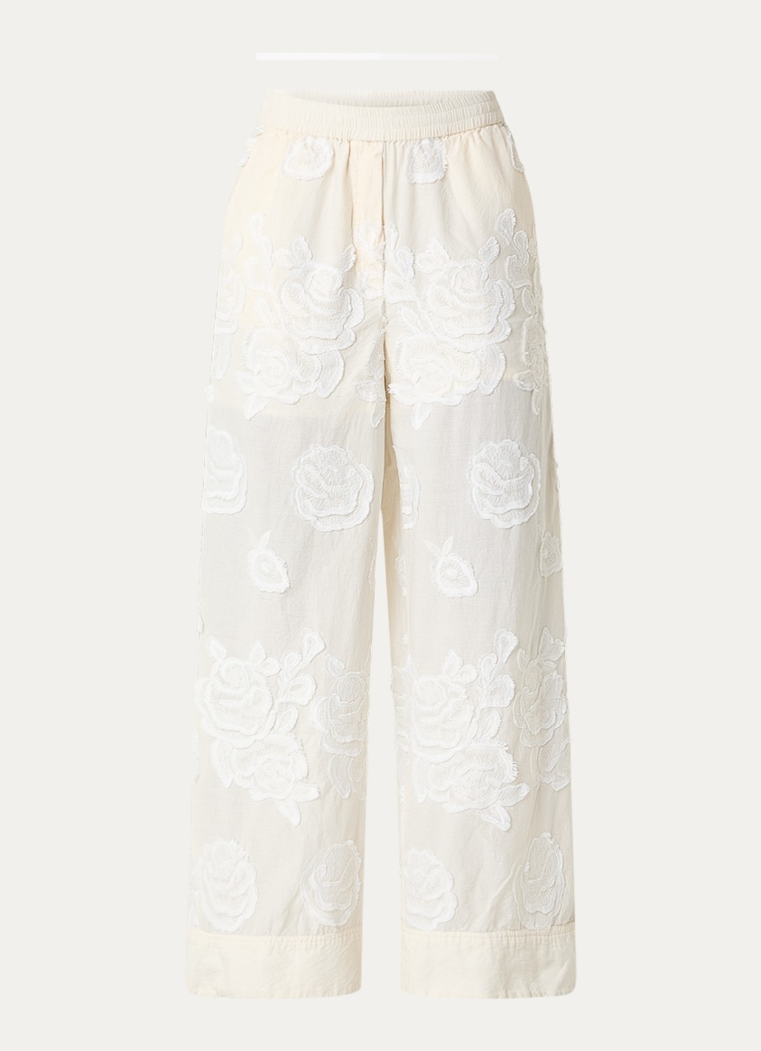 ROUGE EDIT Rouzoella high waist wide fit pantalon met bloemborduring - voorkant 3 creme