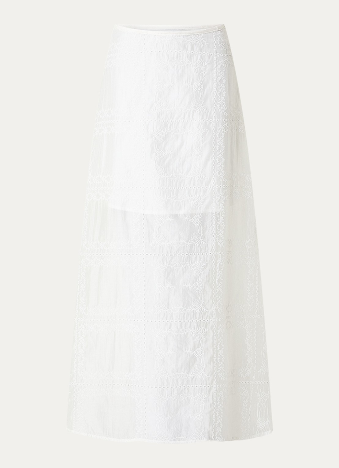 ROUGE EDIT Semi-transparante maxi rok met broderie en split - voorkant gebroken wit