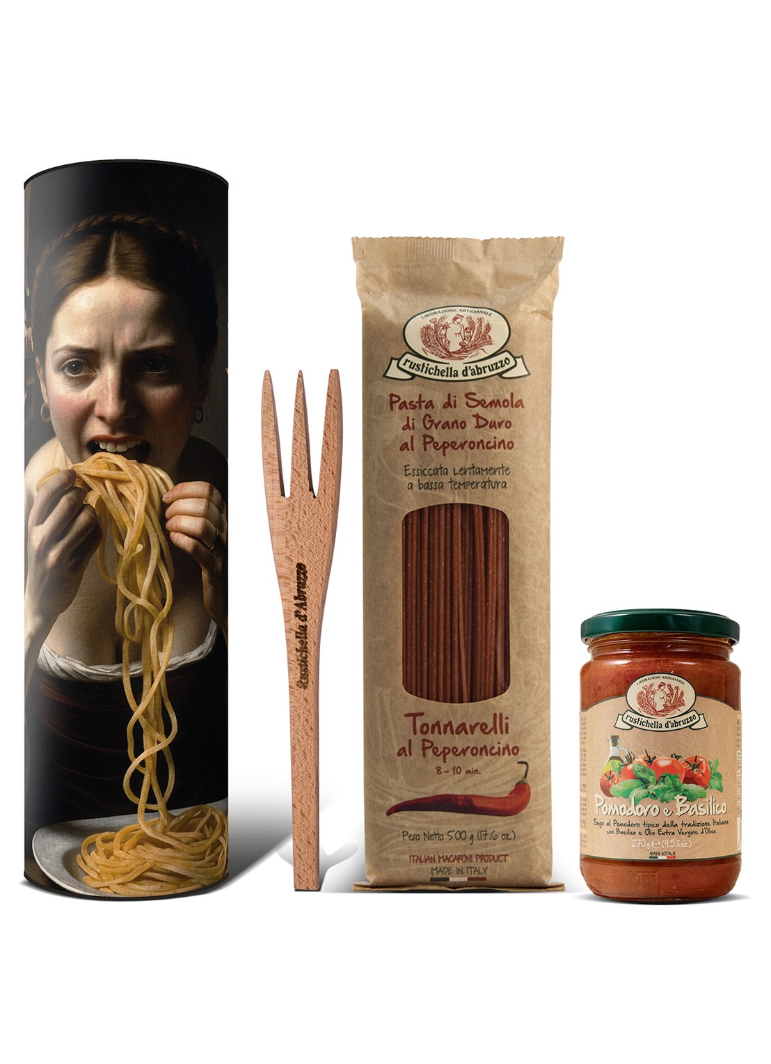 Rustichella d'Abruzzo Caravaggio Chili Tonnarelli & tomaat en basilicum saus - pasta geschenkset  - voorkant undefined
